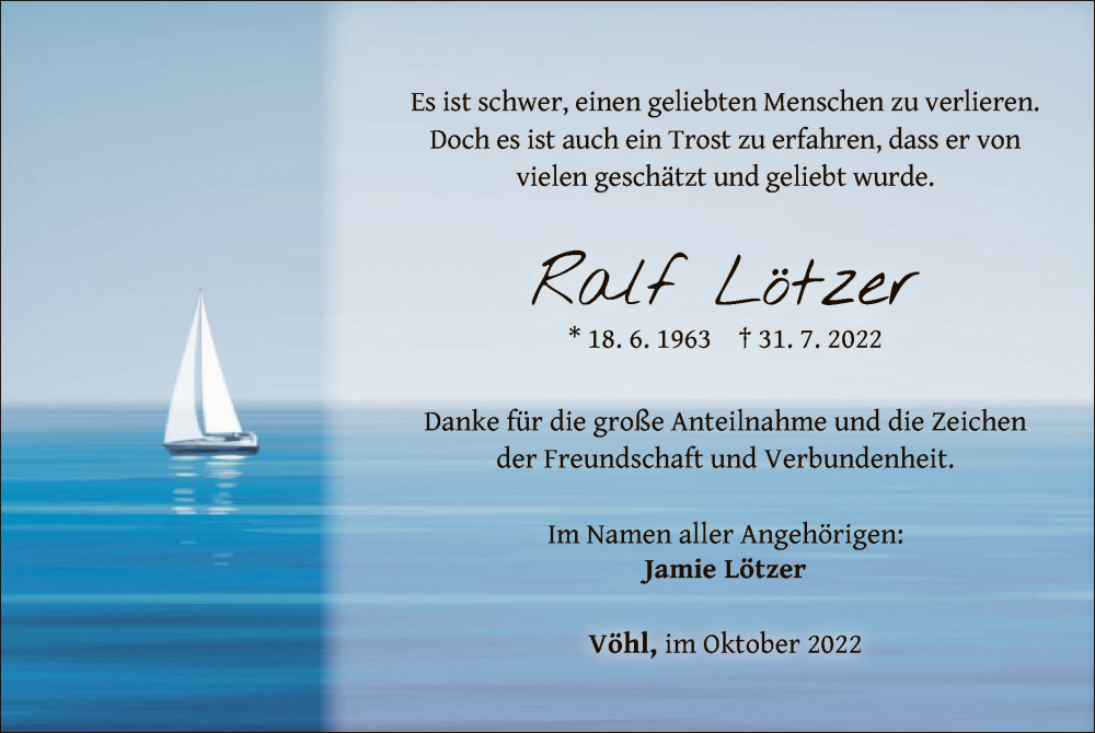  Traueranzeige für Ralf Lötzer vom 15.10.2022 aus WLZ