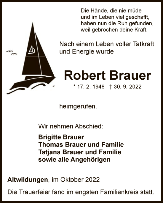 Traueranzeige von Robert Brauer von WLZ