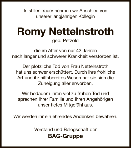 Traueranzeige von Romy Nettelnstroth von WLZ