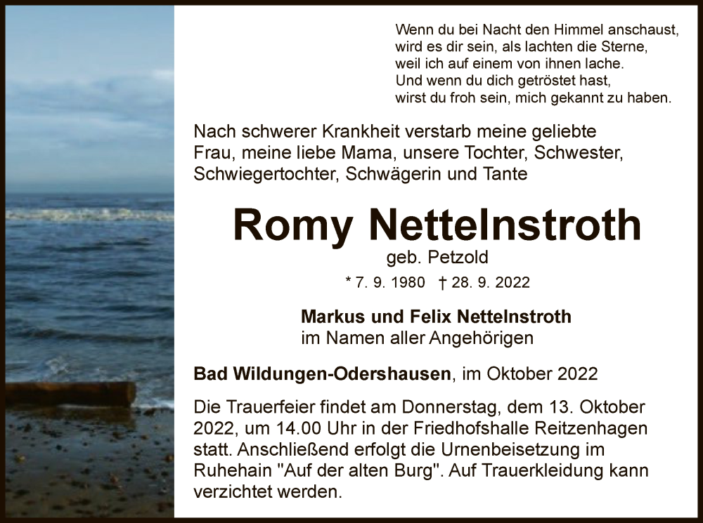  Traueranzeige für Romy Nettelnstroth vom 08.10.2022 aus WLZ