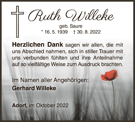 Traueranzeige von Ruth Willeke von WLZ