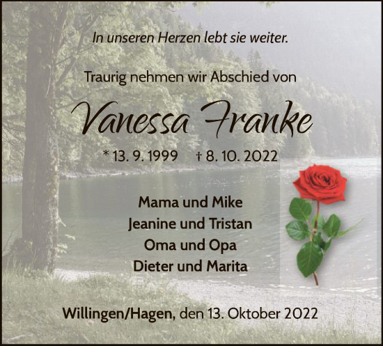 Traueranzeige von Vanessa Franke von WLZ