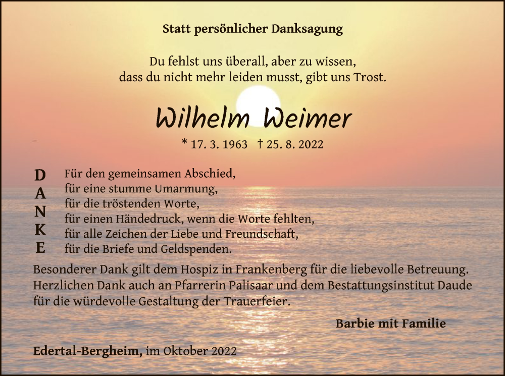  Traueranzeige für Wilhelm Weimer vom 29.10.2022 aus WLZ