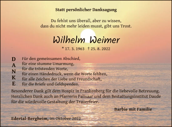 Traueranzeige von Wilhelm Weimer von WLZ