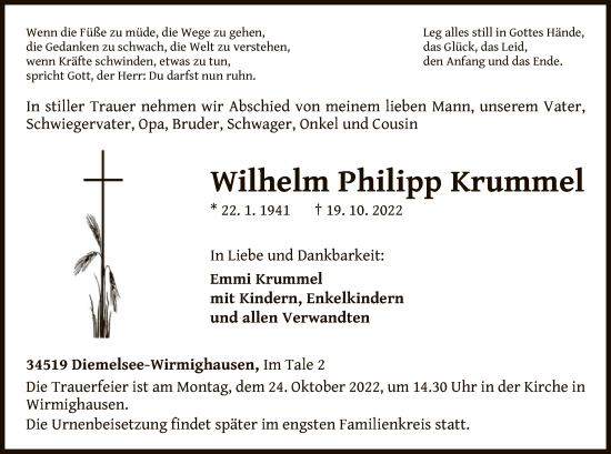 Traueranzeige von Wilhelm Philipp Krummel von WLZ