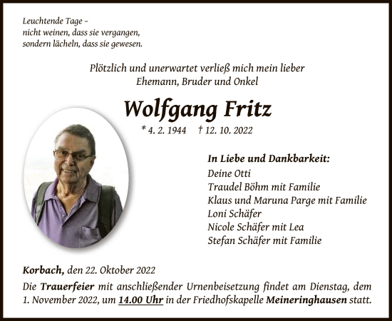 Traueranzeige von Wolfgang Fritz von WLZ