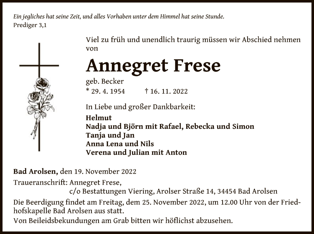  Traueranzeige für Annegret Frese vom 19.11.2022 aus WLZ