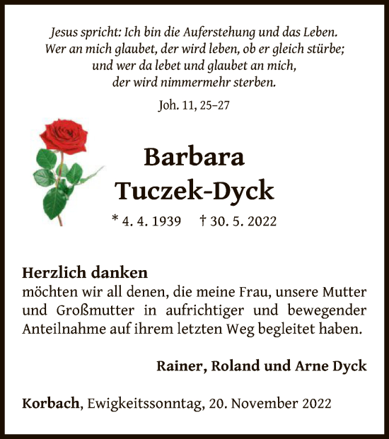 Traueranzeige von Barbara Tuczek-Dyck von WLZ