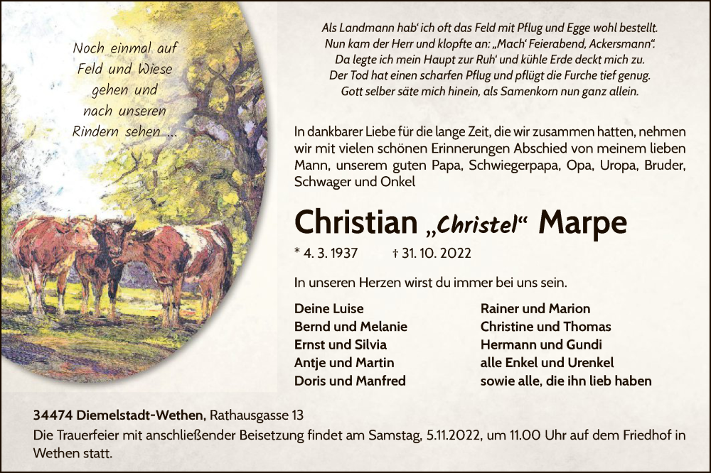  Traueranzeige für Christian Marpe vom 03.11.2022 aus WLZ