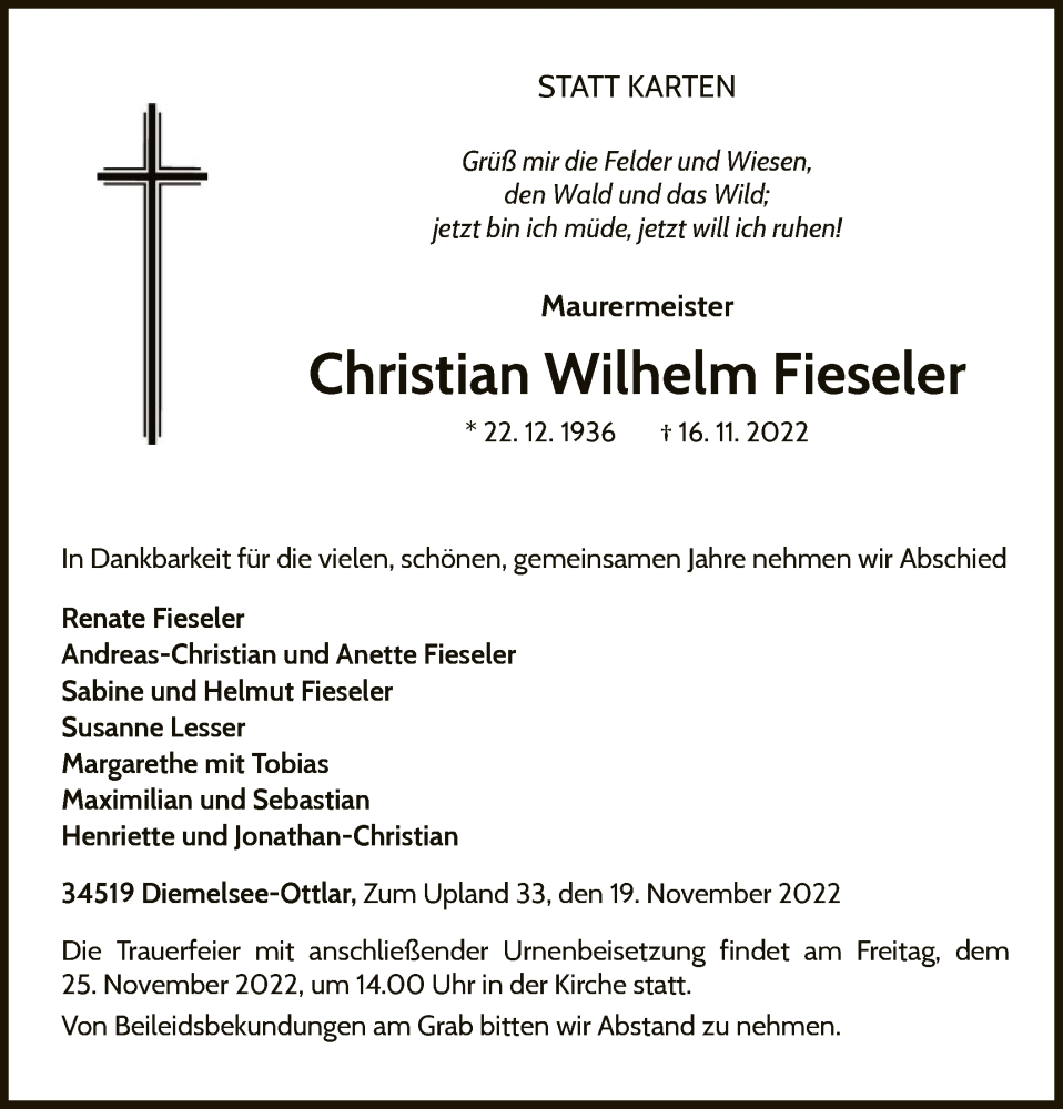  Traueranzeige für Christian Wilhelm Fieseler vom 19.11.2022 aus WLZ