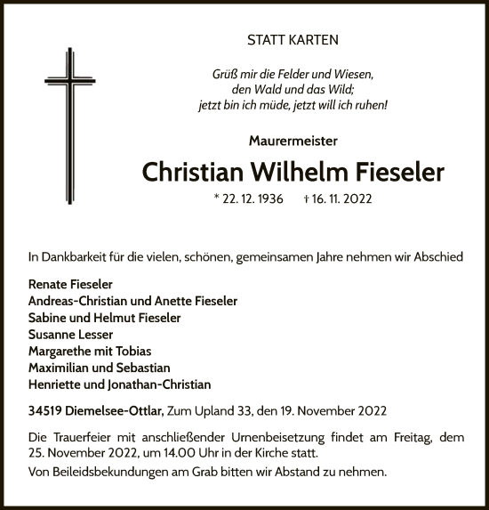 Traueranzeige von Christian Wilhelm Fieseler von WLZ