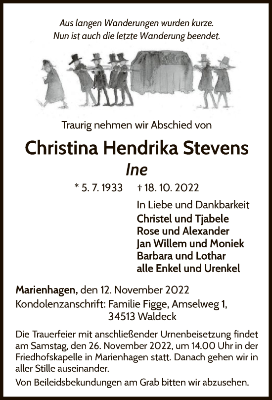 Traueranzeige von Christina Hendrika Stevens von WLZ