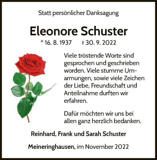 Traueranzeige von Eleonore Schuster von WLZ