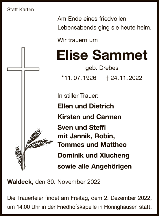 Traueranzeige von Elise Sammet von WLZ