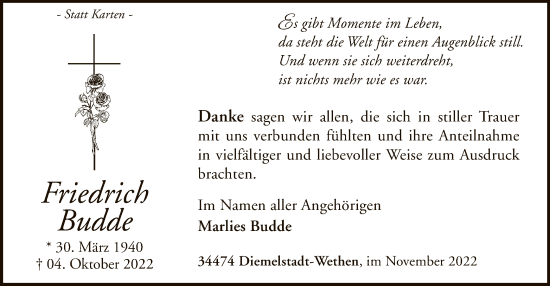 Traueranzeige von Friedrich Budde von WLZ