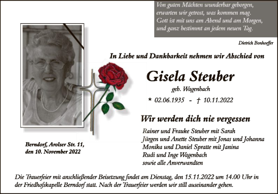 Traueranzeige von Gisela Steuber von WLZ