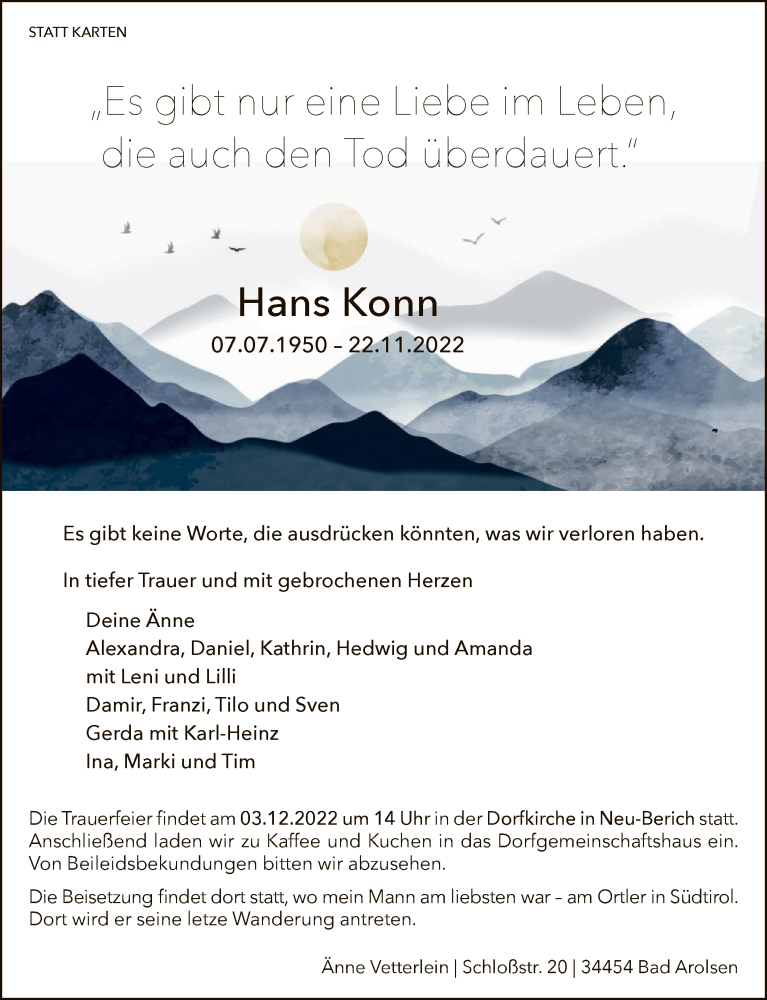  Traueranzeige für Hans Konn vom 29.11.2022 aus WLZ