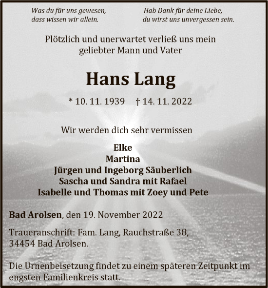 Traueranzeige von Hans Lang von WLZ