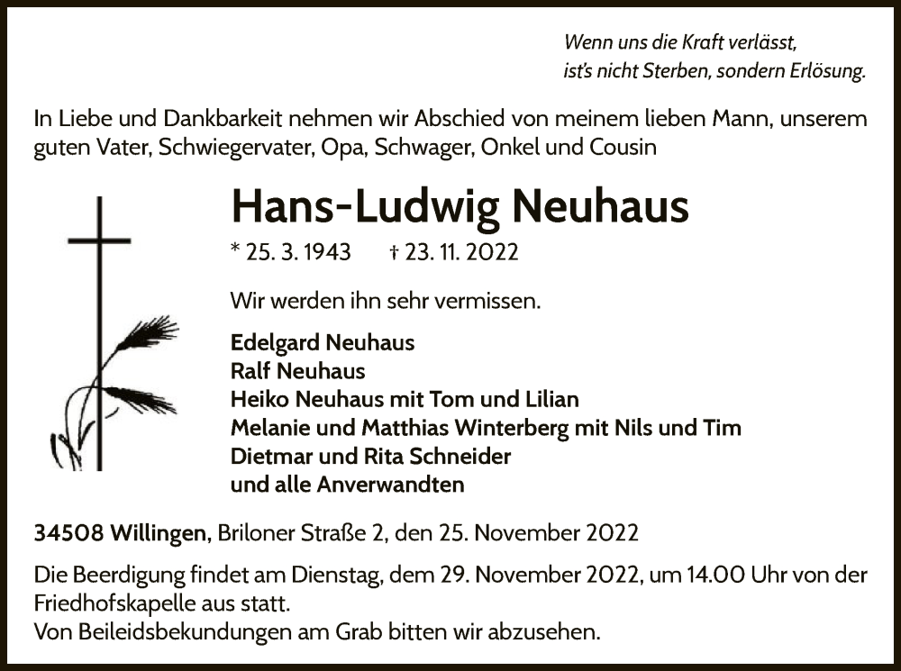  Traueranzeige für Hans-Ludwig Neuhaus vom 25.11.2022 aus WLZ