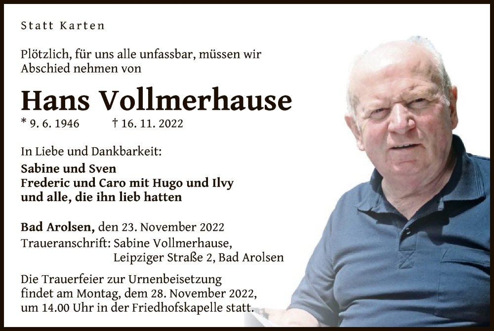  Traueranzeige für Hans Vollmerhause vom 23.11.2022 aus WLZ