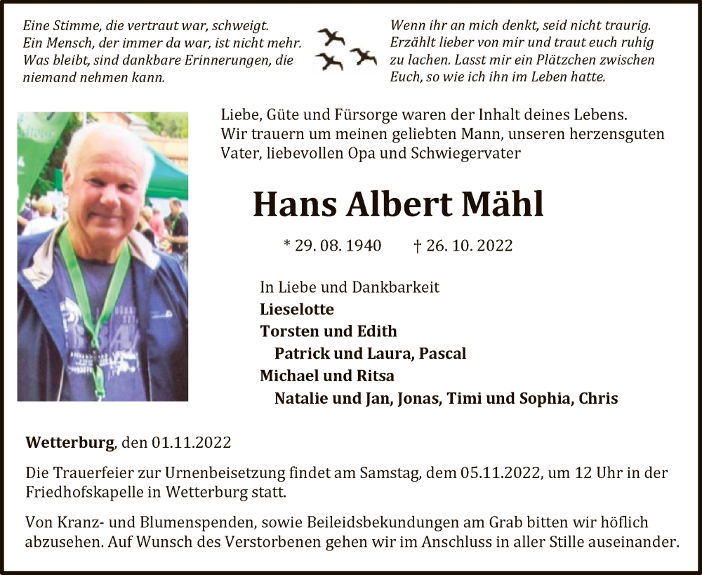  Traueranzeige für Hans Albert Mähl vom 01.11.2022 aus WLZ