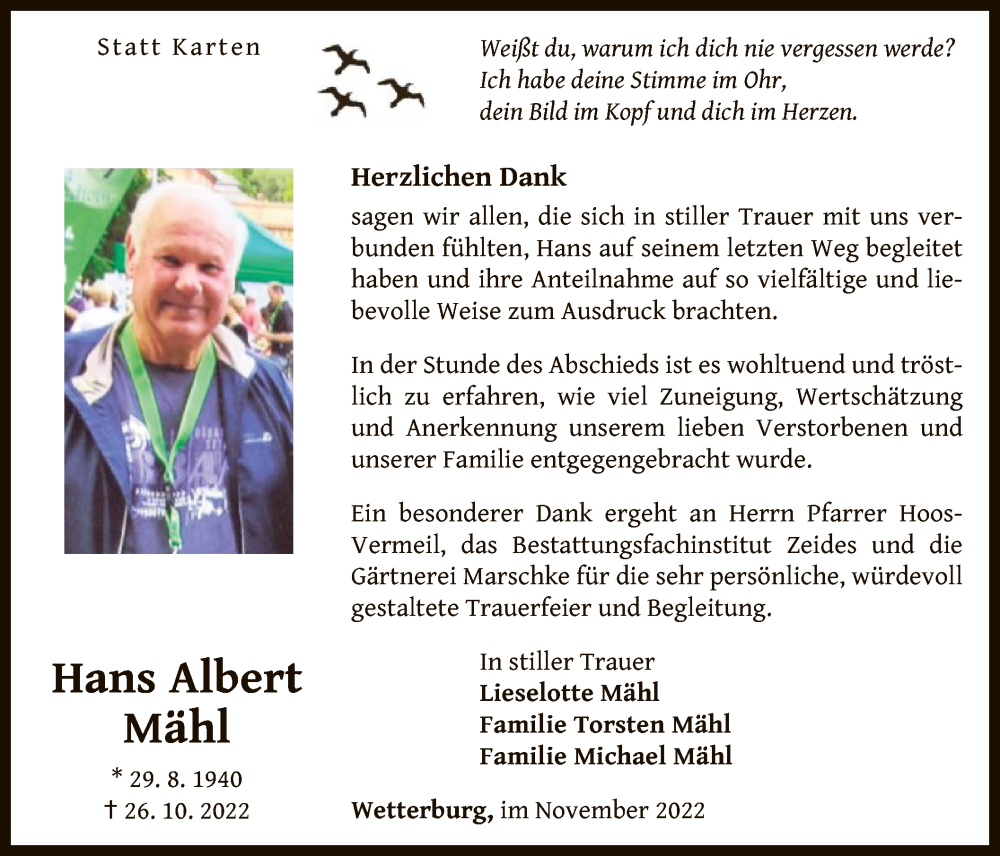  Traueranzeige für Hans Albert Mähl vom 25.11.2022 aus WLZ