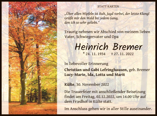 Traueranzeige von Heinrich Bremer von WLZ