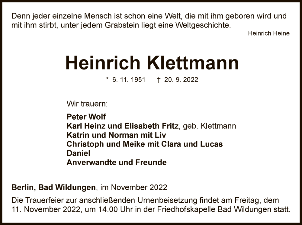  Traueranzeige für Heinrich Klettmann vom 05.11.2022 aus WLZ
