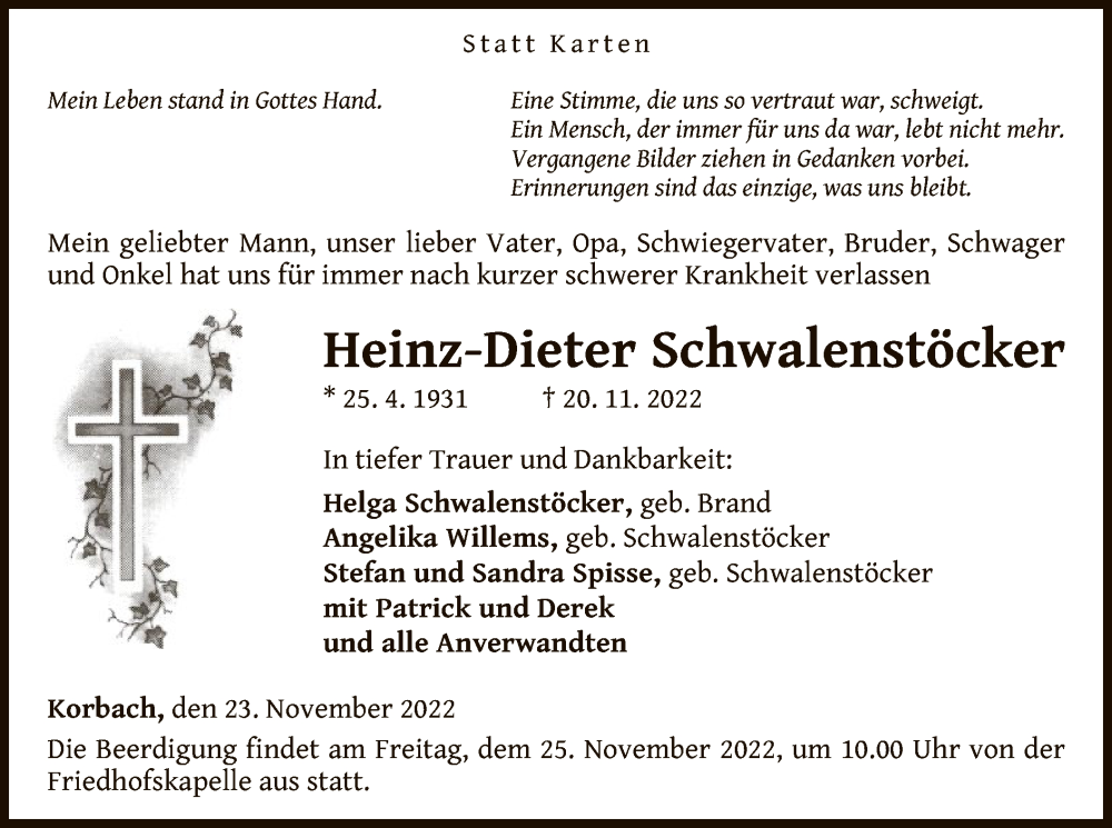  Traueranzeige für Heinz-Dieter Schwalenstöcker vom 23.11.2022 aus WLZ
