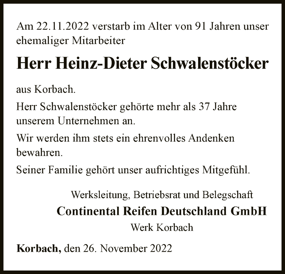  Traueranzeige für Heinz-Dieter Schwalenstöcker vom 26.11.2022 aus WLZ