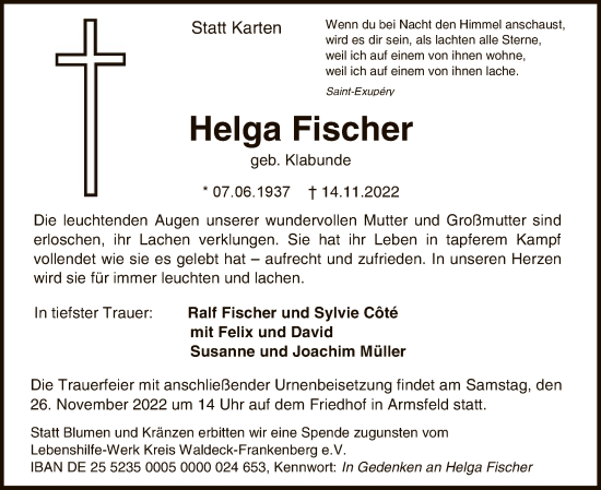 Traueranzeige von Helga Fischer von WLZ