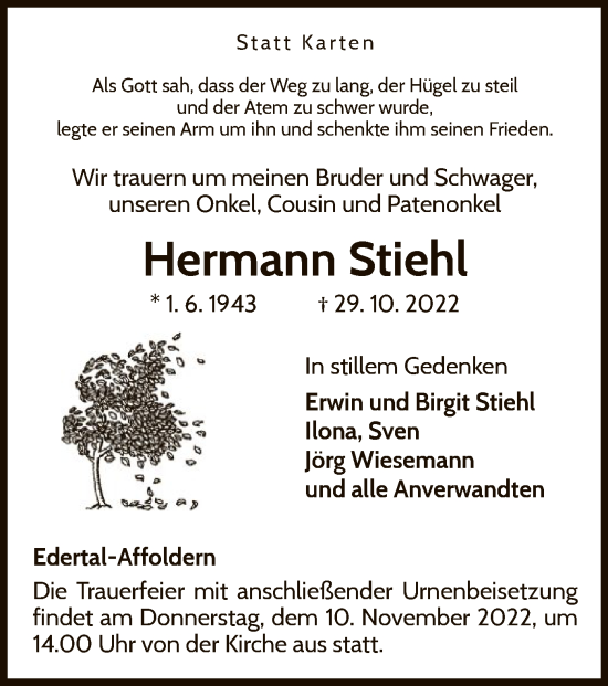 Traueranzeige von Hermann Stiehl von WLZ