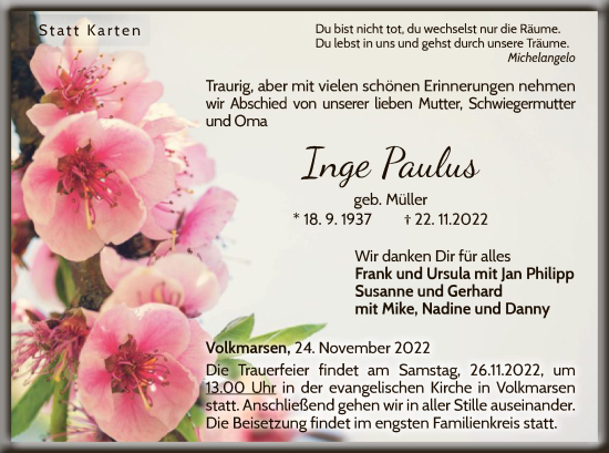 Traueranzeige von Inge Paulus von WLZ