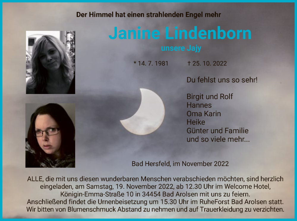  Traueranzeige für Janine Lindenborn vom 05.11.2022 aus WLZ