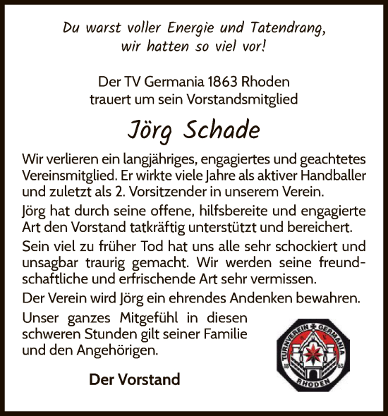 Traueranzeige von Jörg Schade von WLZ