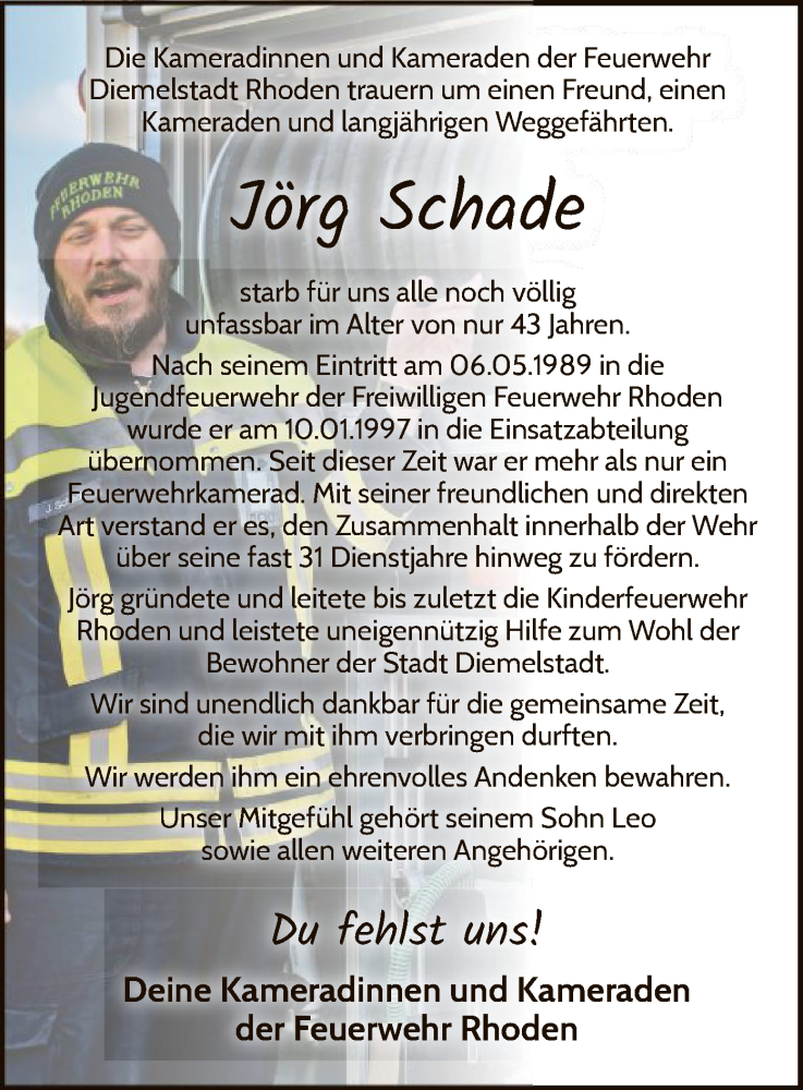  Traueranzeige für Jörg Schade vom 19.11.2022 aus WLZ