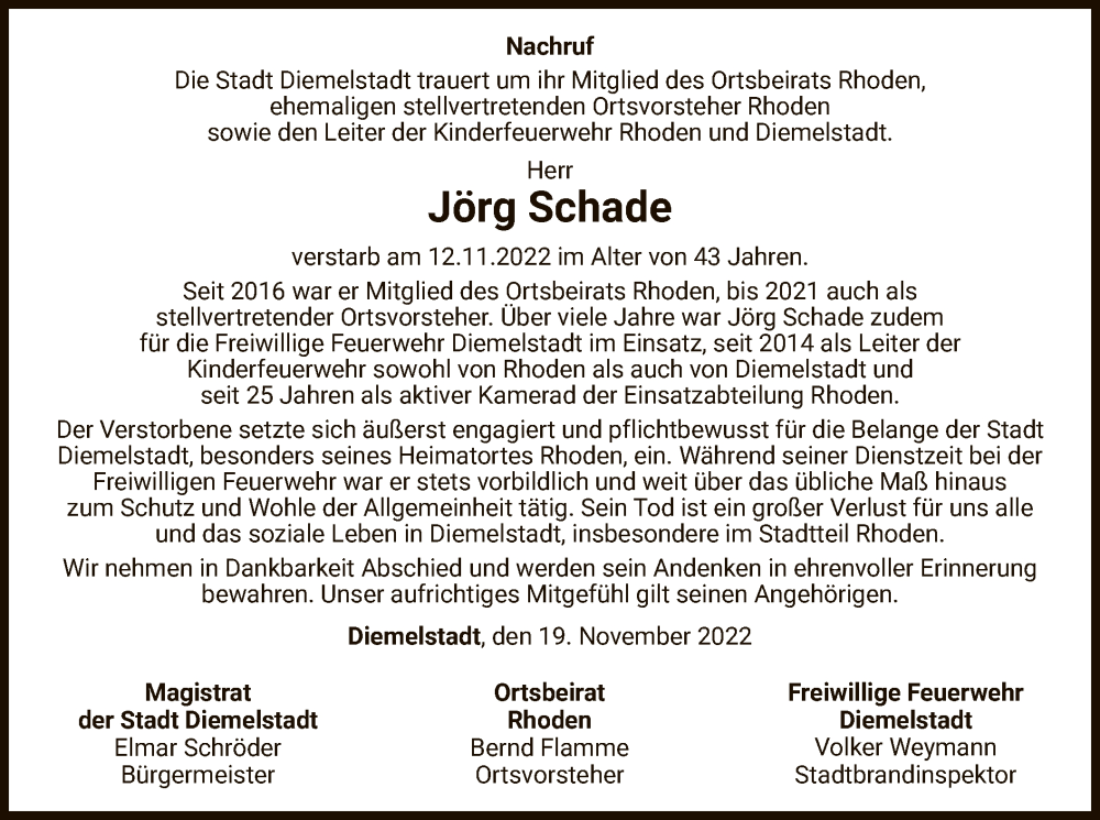  Traueranzeige für Jörg Schade vom 19.11.2022 aus WLZ