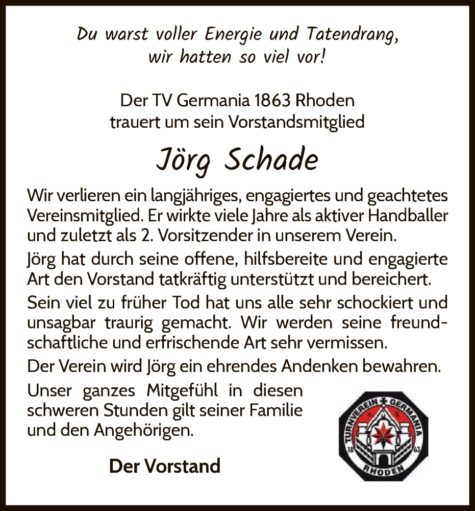  Traueranzeige für Jörg Schade vom 22.11.2022 aus WLZ