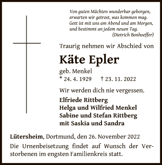 Traueranzeige von Käte Epler von WLZ