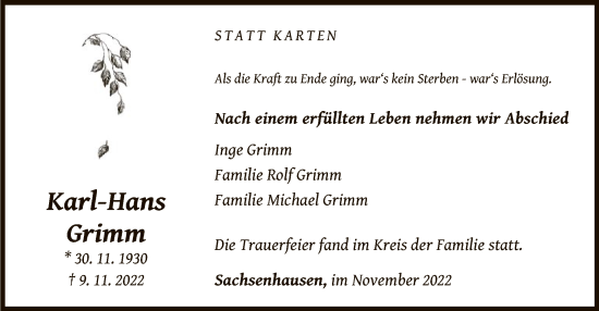 Traueranzeige von Karl-Hans Grimm von WLZ