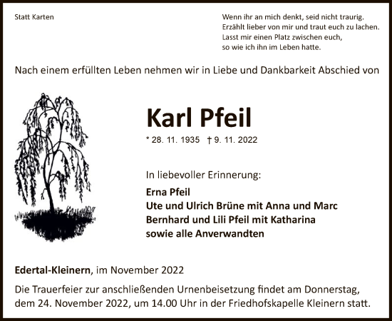 Traueranzeige von Karl Pfeil von WLZ