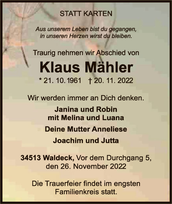 Traueranzeige von Klaus Mähler von WLZ