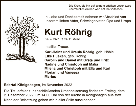 Traueranzeige von Kurt Röhrig von WLZ