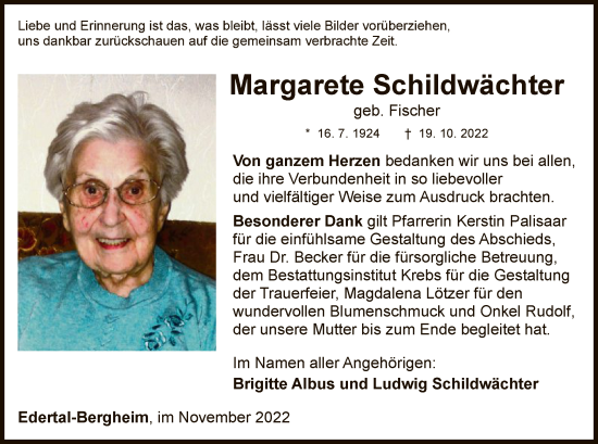 Traueranzeige von Margarete Schildwächter von WLZ