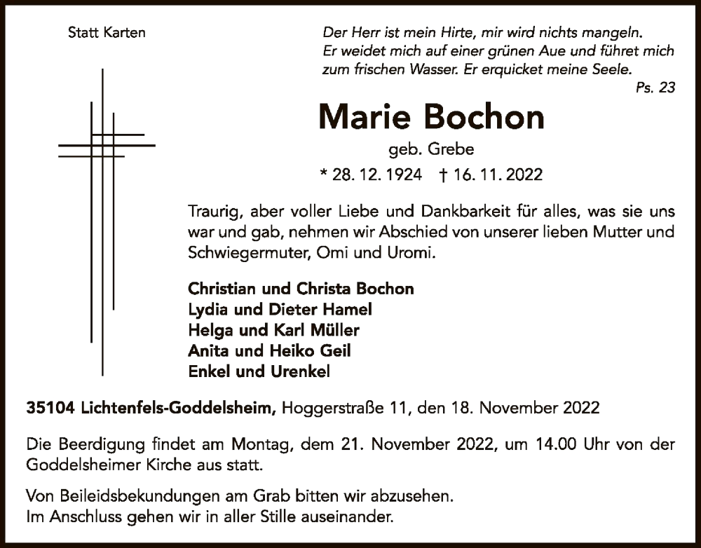  Traueranzeige für Marie Bochon vom 18.11.2022 aus WLZ