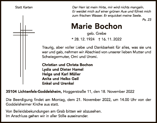 Traueranzeige von Marie Bochon von WLZ