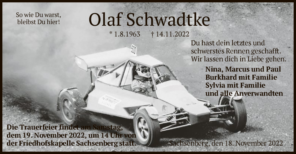  Traueranzeige für Olaf Schwadtke vom 18.11.2022 aus HNA