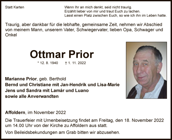 Traueranzeige von Ottmar Prior von WLZ