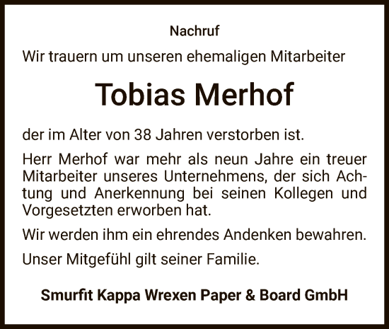 Traueranzeige von Tobias Merhof von WLZ