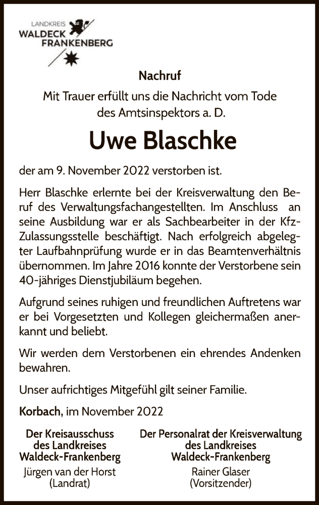 Traueranzeige für Uwe Blaschke vom 23.11.2022 aus WLZ